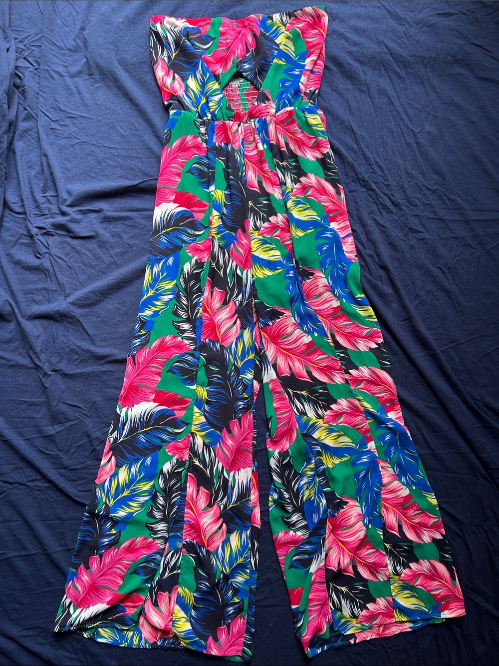 Strapless Tropical Print Jumpsuit, smocked back, keyhole front, medium